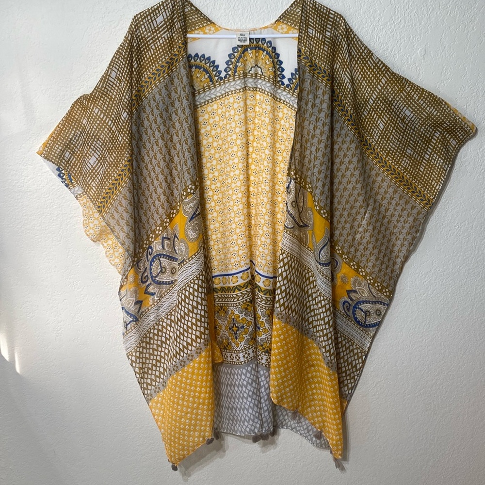 RAJ Vibrant Yellow & Blue Open Front Boho Lightweight Kimono with Tassels OS